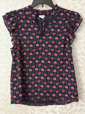 J Crew Women’s S Navy Blue Ruffle Flutter Sleeve Floral Top Blouse
